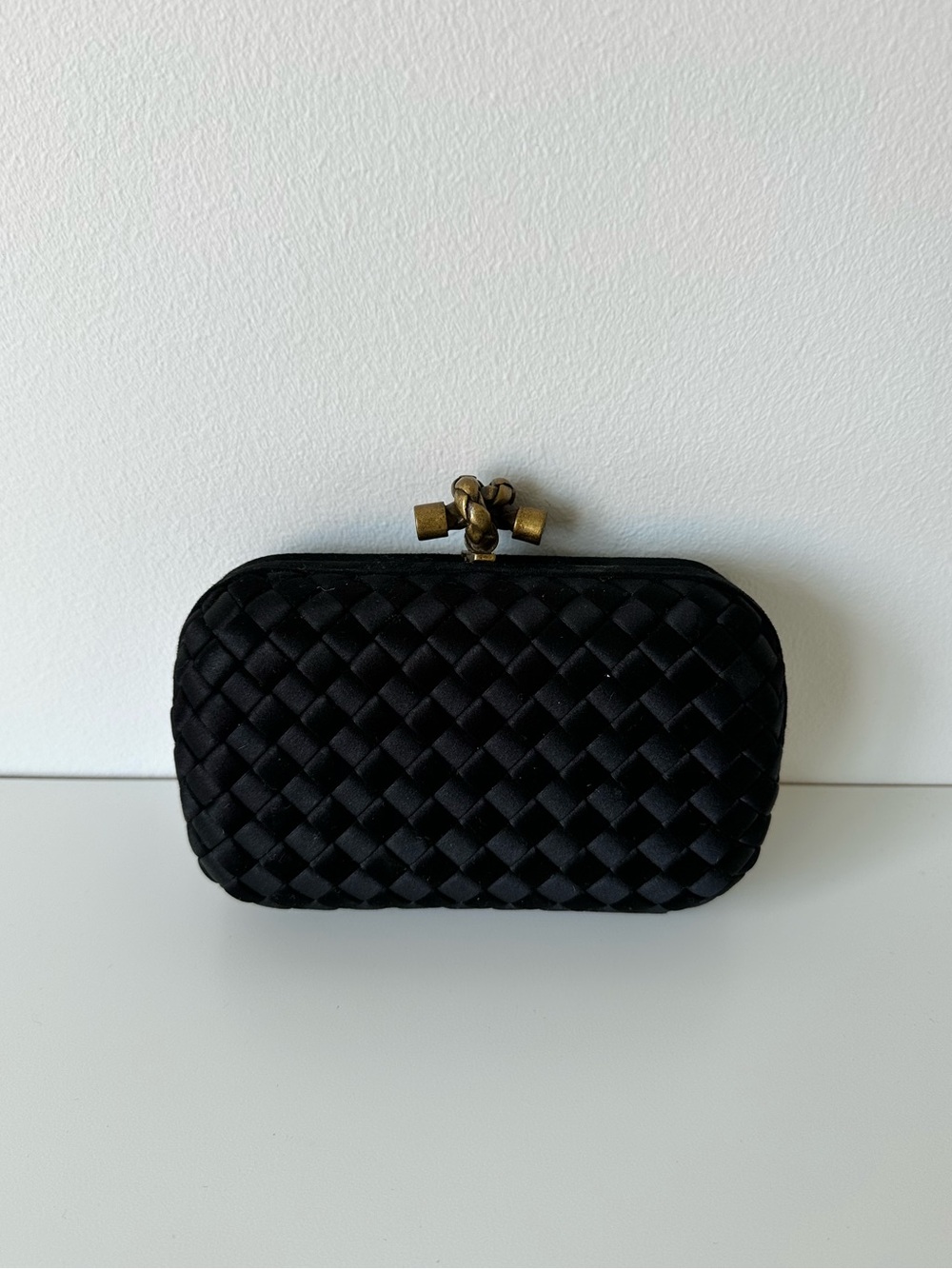 Bottega Veneta Black Satin Intrecciato Knot Clutch
